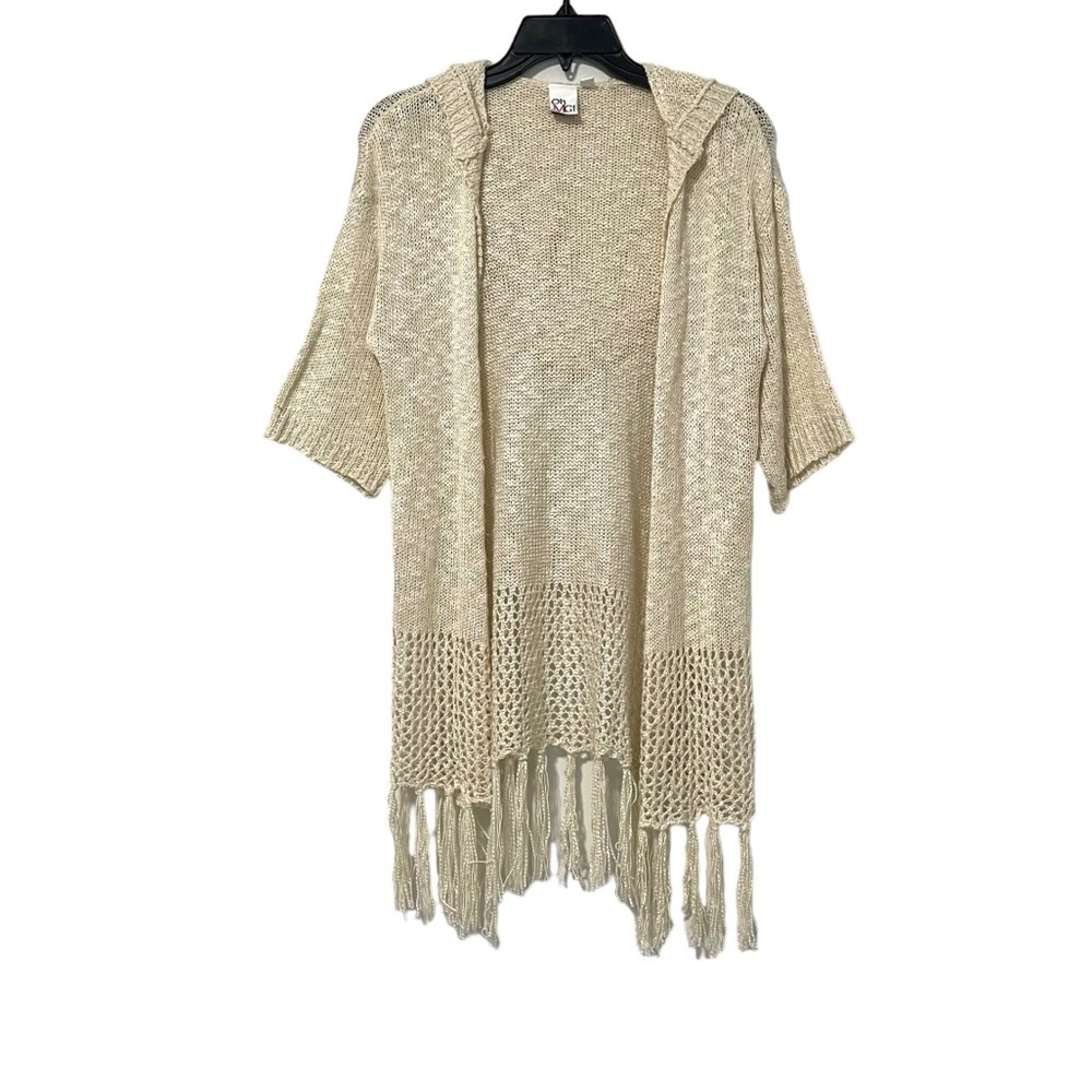Oh My Gauze Ivory Hooded Fringe Open Front Cardigan Sweater Size XS